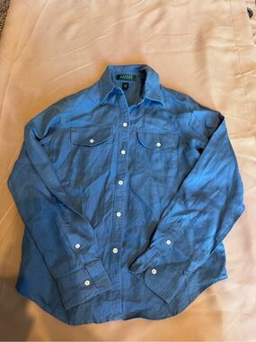 Lauren Ralph Lauren Petite 100% Linen Button-Up in Slate Blue